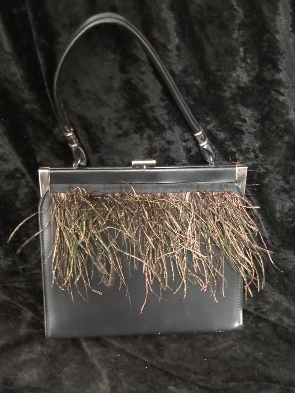 Black Vintage Stylemark Peacock Feather Top Handle Clutch